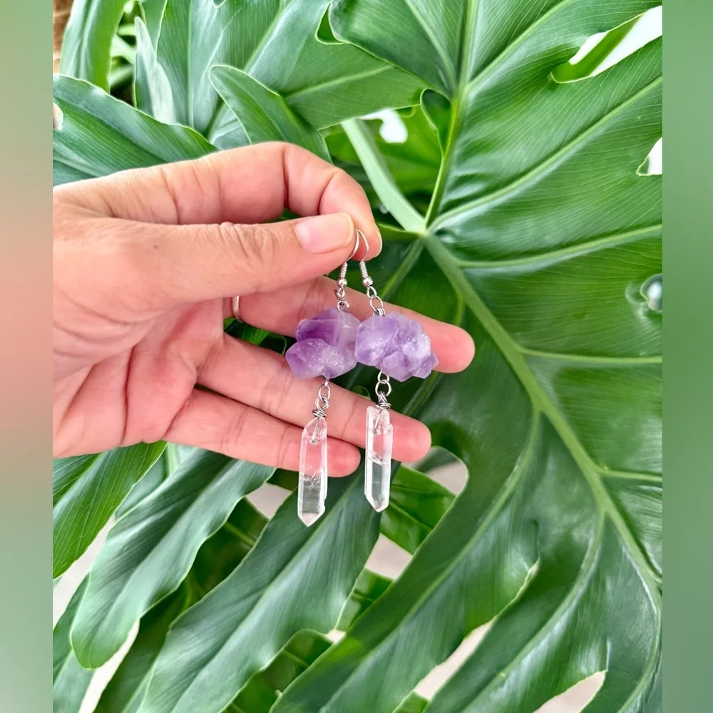 Amethyst & Clear Quartz earrings || Handmade Crystal jewelry
